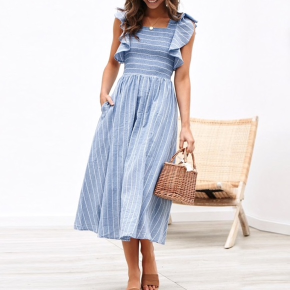 Rouge! Dresses & Skirts - Striped Ruffle Detail Fit and Flared Blue Dress